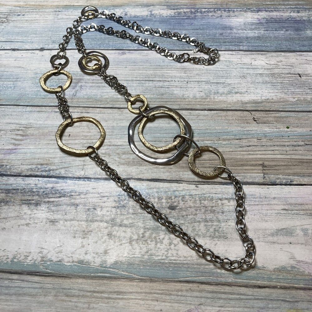 Premier Designs Retired two-tone gold silver long chain Necklace Textured NWOT